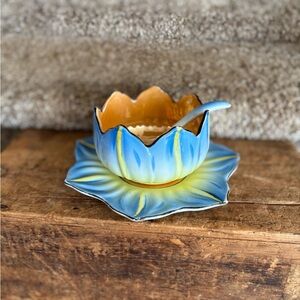 Ceramic Flower Sugar Bowl with Spoon - Blue and Yellow